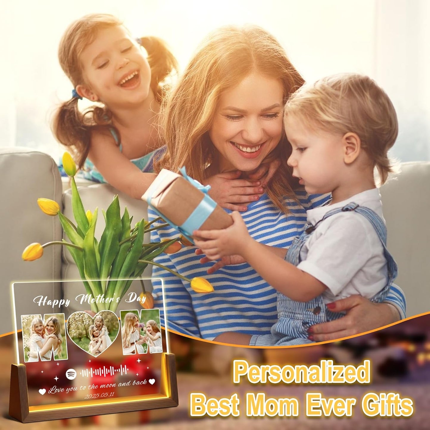 Personalized Mothers Day Birthday Gifts For Mom, Custom Spotify Plaque Mom Gift From Daughter Son Husband, Light Up Picture Frame With Photo Name Customized Christmas Gifts For Women Wife