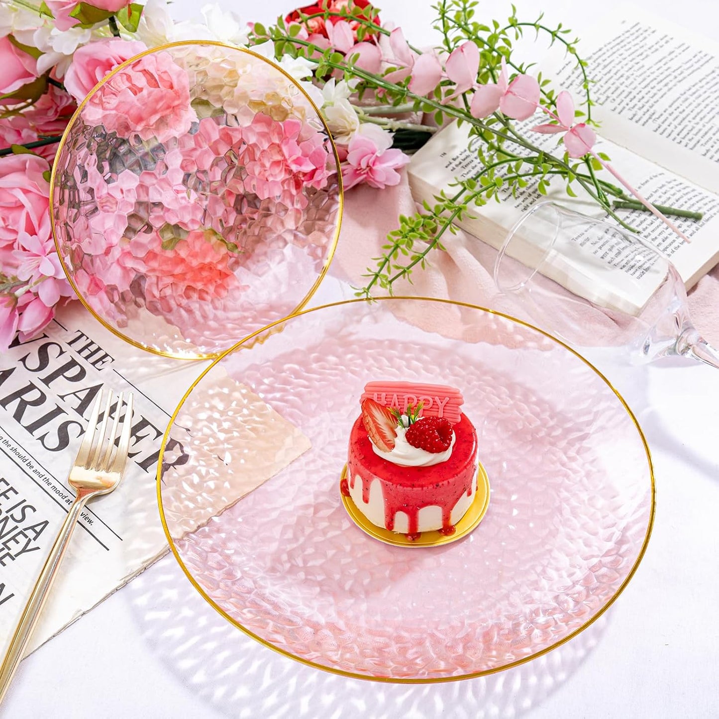 Rubtlamp 100Pcs Clear Pink Gold Plastic Plates, Pink Disposable Plates With Gold Rim, Hammered Plastic Plates Include 50 Clear Dessert Platos, 50 Dinner Platos for Party
