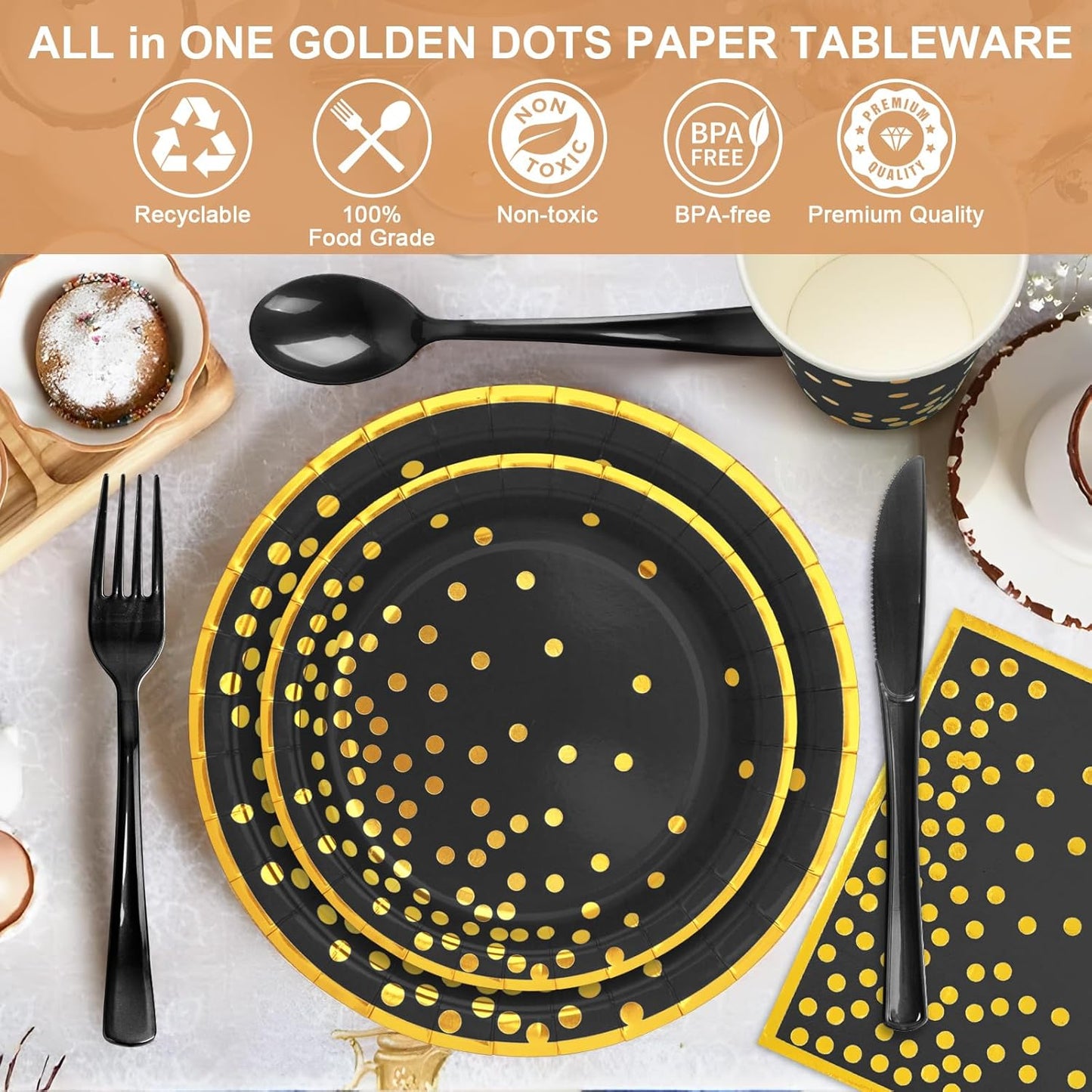 350Pcs Black and Gold Party Supplies, Severs 50 Golden Dot Black Paper Plates Party Dinnerware Include Black Plastic Forks Knives Golden Napkins Cups Spoons Knives for Retirement,Graduation, Birthday