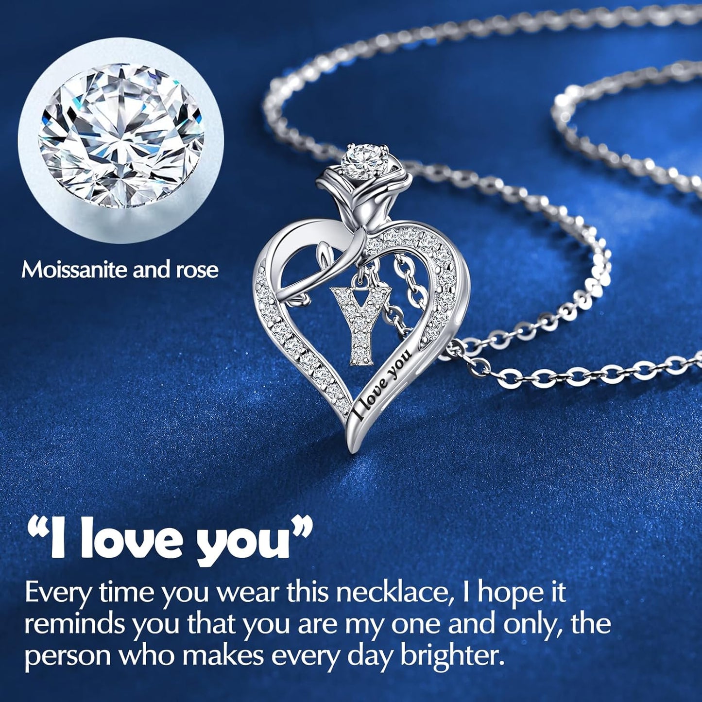 Rose Heart Pendant Necklace Gifts for Wife, Engraved 'I love you' Gift for Wife Girlfriend, Anniversary Birthday Eternity Jewelry Present for Women, Moissanite Necklace Gift for Her