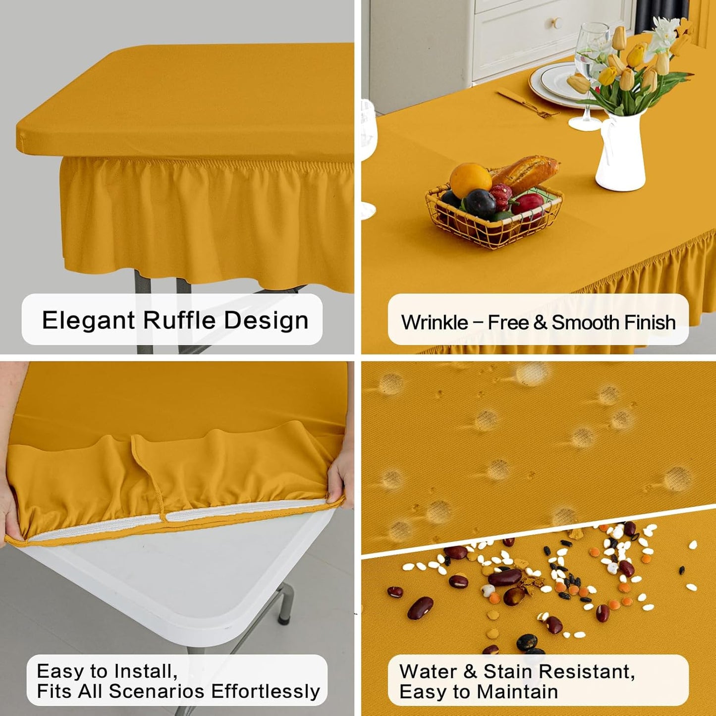 8ft Golden Yellow Stretch Tablecloth for Rectangular Tables - Flared Wrap Design, Waterproof, Wrinkle-Resistant, Washable - Ideal for Weddings, Parties, Banquets & Table Protection