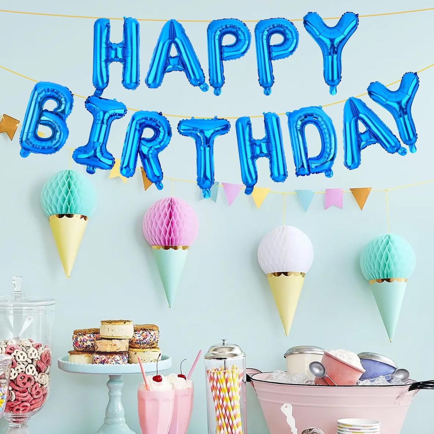 LIOZEOKUN Happy Birthday Balloon Letters 16 inch Mylar Foil Birthday Balloons Banner Sign for Birthday Party Decorations Supplies (Blue)