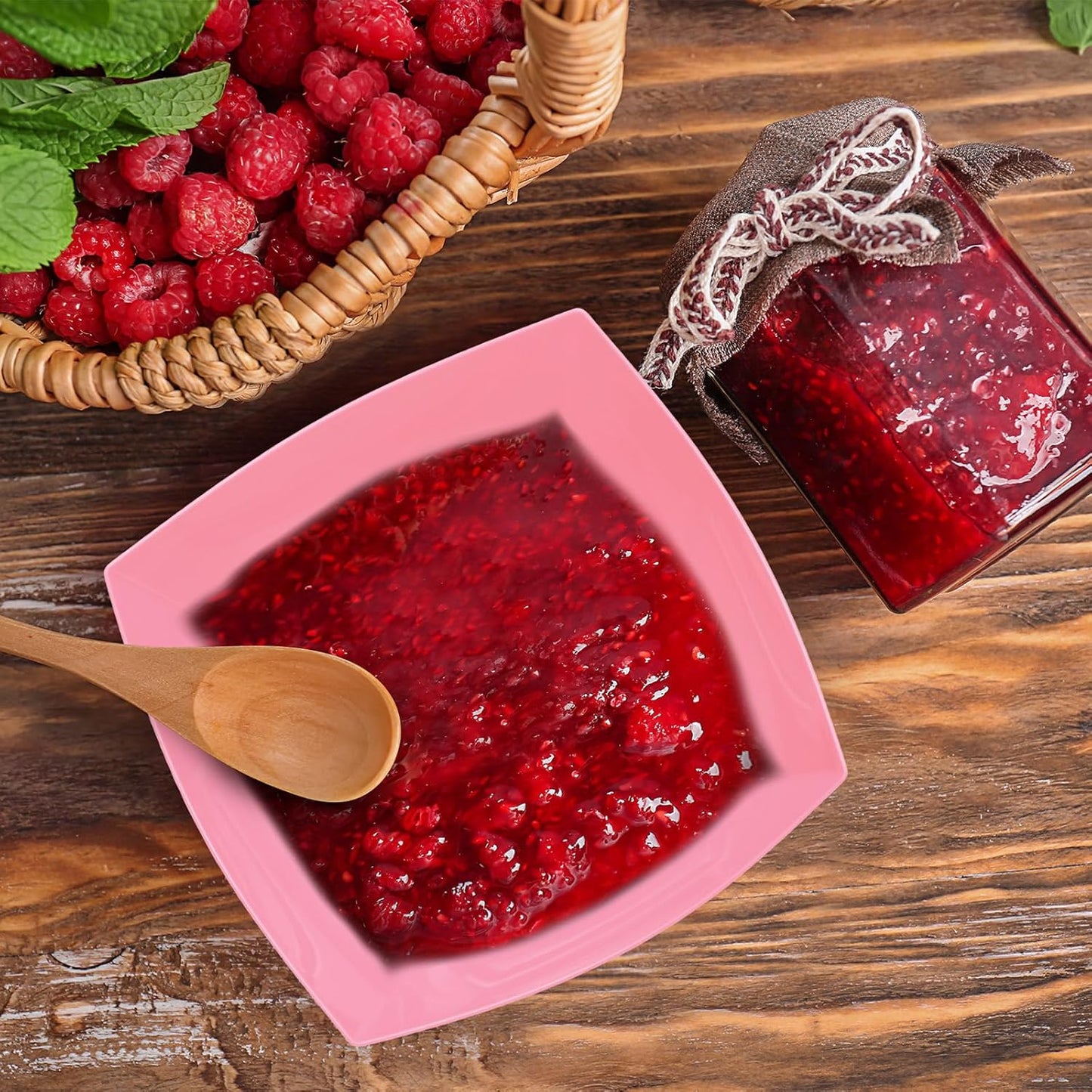 Tanlade 50 Pcs Square Plastic Serving Bowls Disposable Snack Salad Bowl Small Party Candy Bar Containers Taco Bar Serving Dishes for Buffet Chips Fruit (8 oz,Pink)