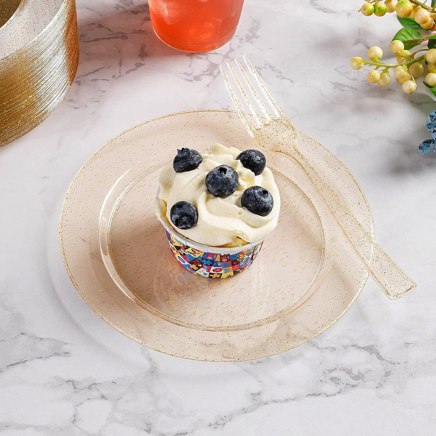 Goodluck 120PCS 7" Gold Glitter Dessert Plastic Plates with 7.4" Forks, Gold Appetizer Plates for 60 Guests, Including 60 Disposable Cake Plastic Plates and 60 Forks for Wedding/Birthday Party