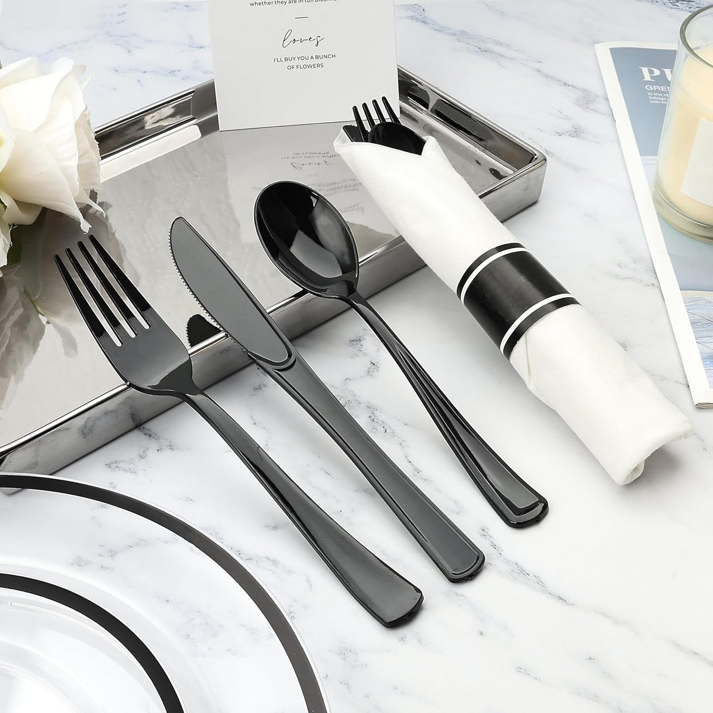 Goodluck 50 Set Black Pre Rolled Plastic Cutlery Set, Wrapped Silverware Set with 50 Forks, 50 Knives, 50 Spoons and 50 Napkins, Perfect for Party, Wedding, New Year