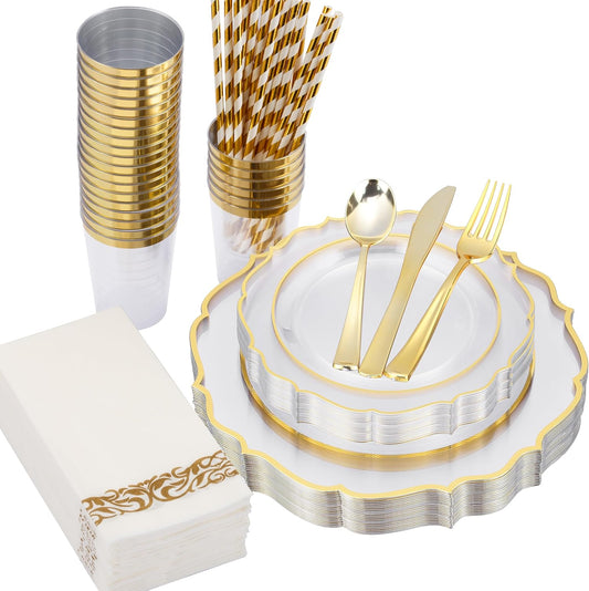 200 PCS Baroque Clear Gold Dinnerware Set for 25 Guests,Gold Rimmed Heavy Duty Plastic Disposable Plates for Party Wedding with Napkins,25Dinner Plates,Dessert Plates,Spoons,Forks,Knives,Cups