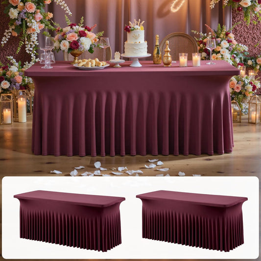 2 pk Burgundy Spandex Tablecloth 6ft with Ruffled Tables,Wrinkle Free High-Stretch Fitted Table Cloths for 6 Foot Rectangle Tables,Elastic Maroon Spandex Table Covers 6 ft for Weddings Banquet Dinning