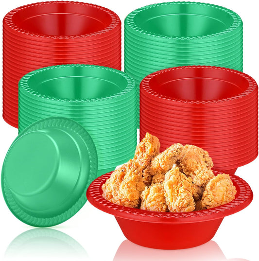 Layhit 100 Pcs Christmas Plastic Bowls 12 oz Disposable Salad Red Green Plastic Serving Xmas Party Supplies Candy Snack Bowls for Christmas Holiday Party Picnic