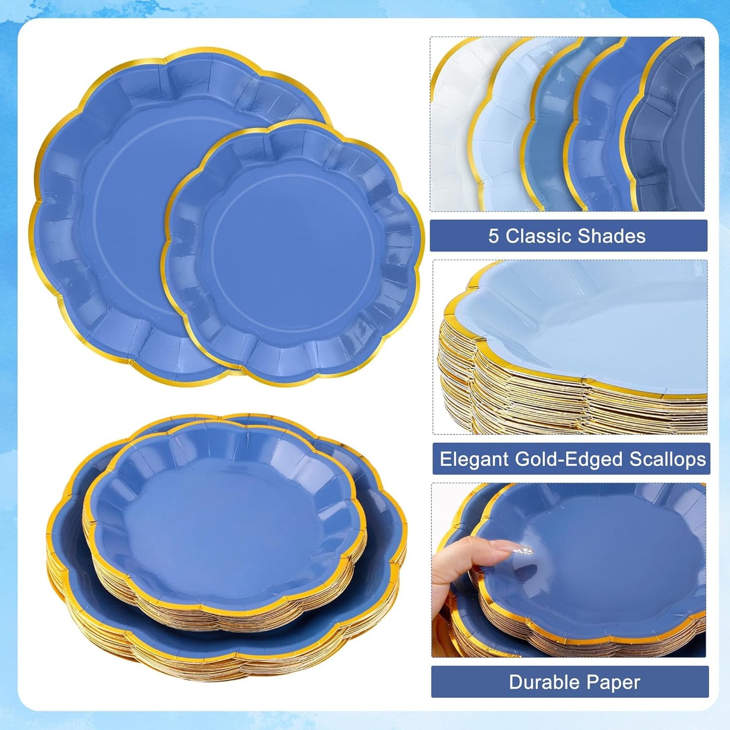 100 Pcs Dusty Blue Paper Plates and Napkins Gold Foil Scalloped Paper Plates & Napkins Disposable Tableware Set for Birthday Wedding Baby Shower Party Decorations