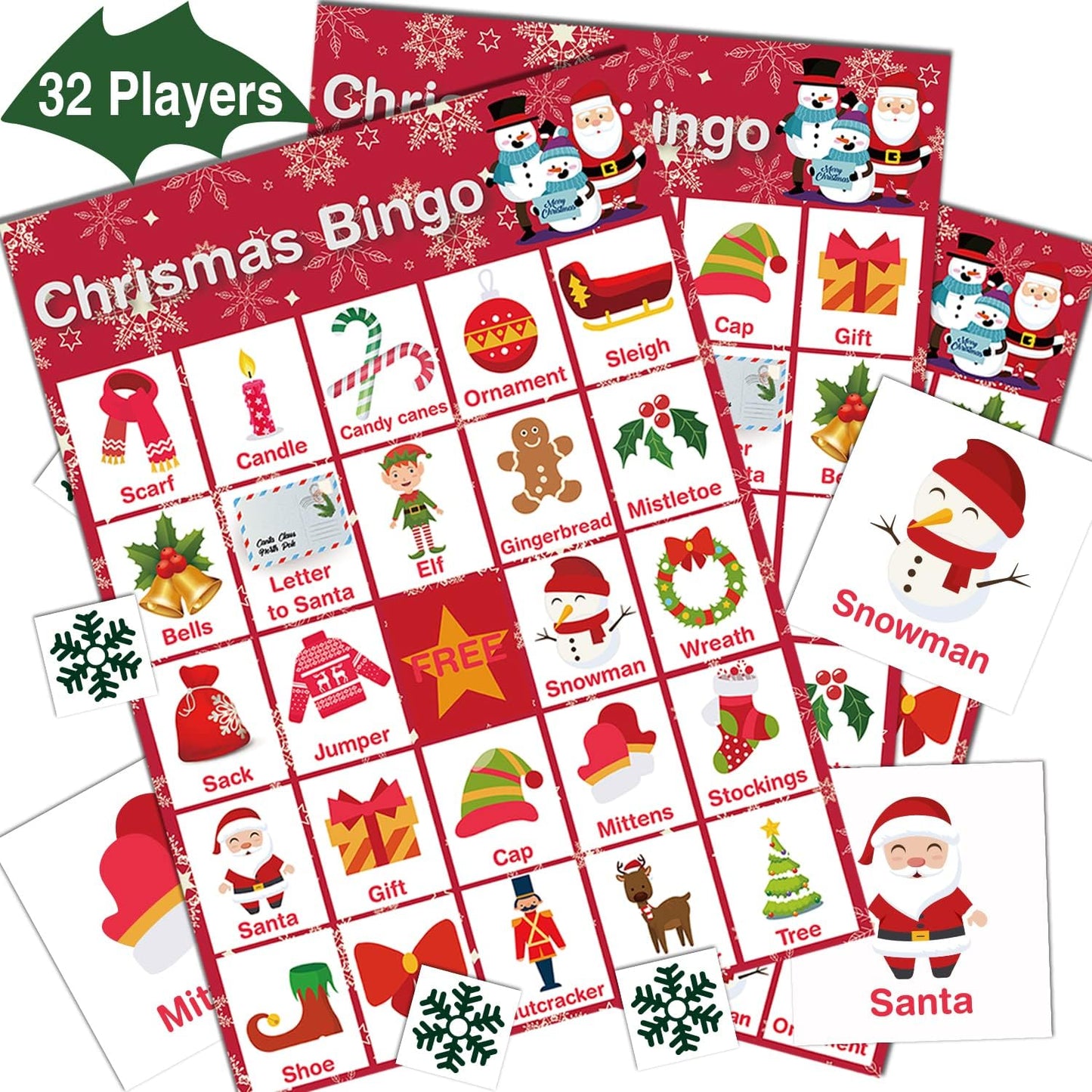 V-Opitos Christmas Bingo Game, 32 Players - Christmas Party Games for Kids and Adults, Xmas Bingo Card for Family/Class/Group Activities