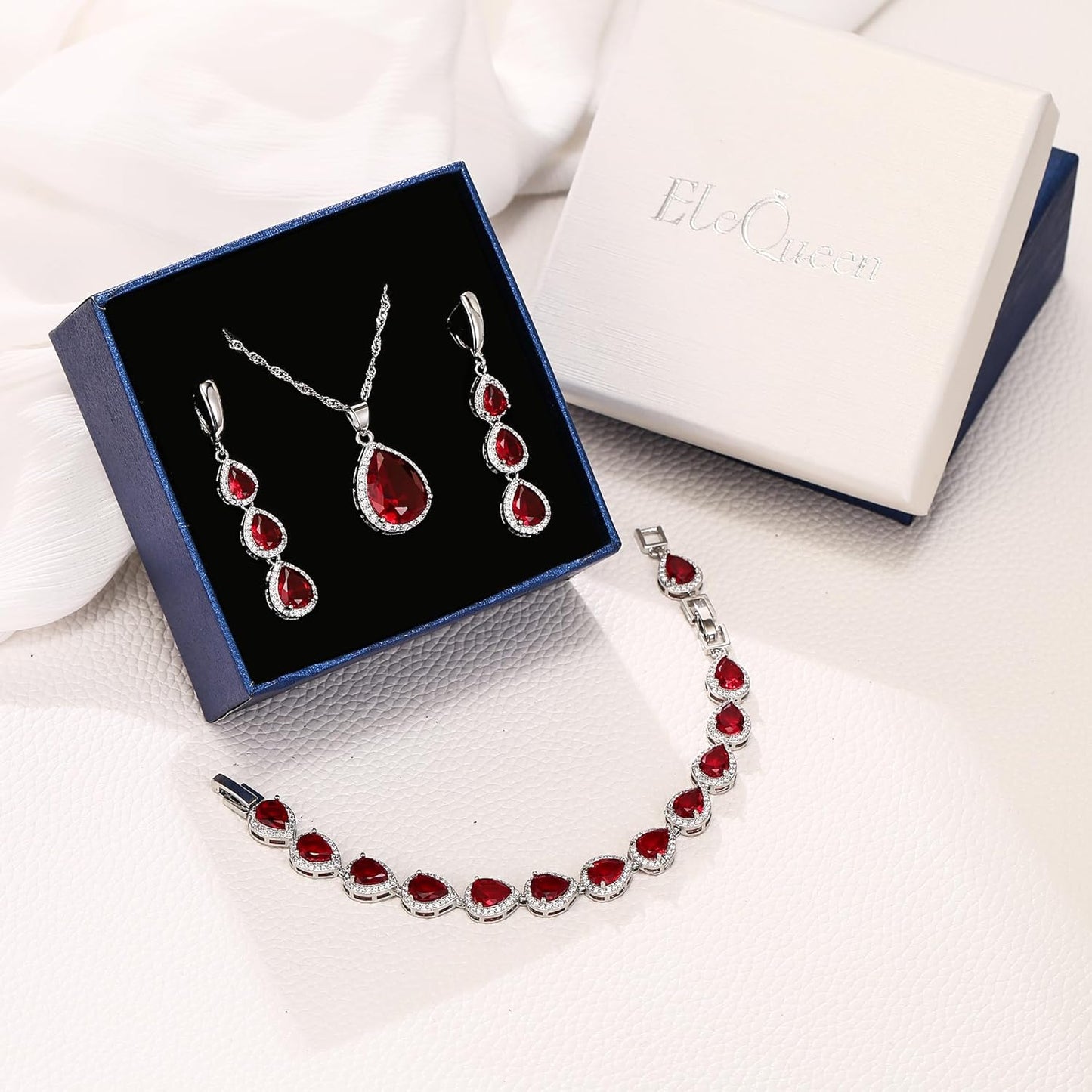 EleQueen Water Drop Pendant Necklace Long Dangle Earrings Tennis Bracelet Set, Sparkle Cubic Zirconia Teardrop Wedding Jewelry Sets for Bride Bridesmaid