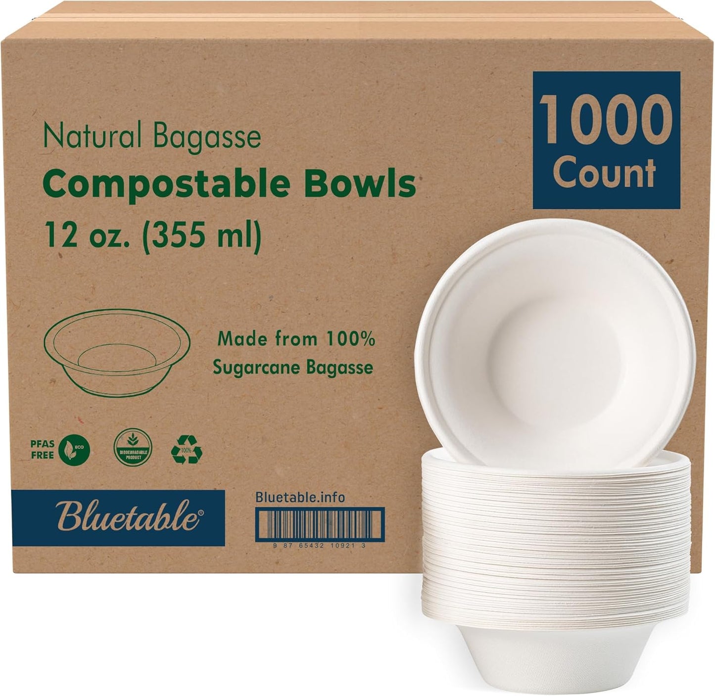 Paper Bowls Disposable Bowls Compostable [1000 Pack] Bulk 12 oz Biodegradable Bowl - Case Pack Good For Hot Soup Chili - Made from 100% Sugarcane, Eco-Friendly Bagasse Bowls Natural [1000 Pack/Case]