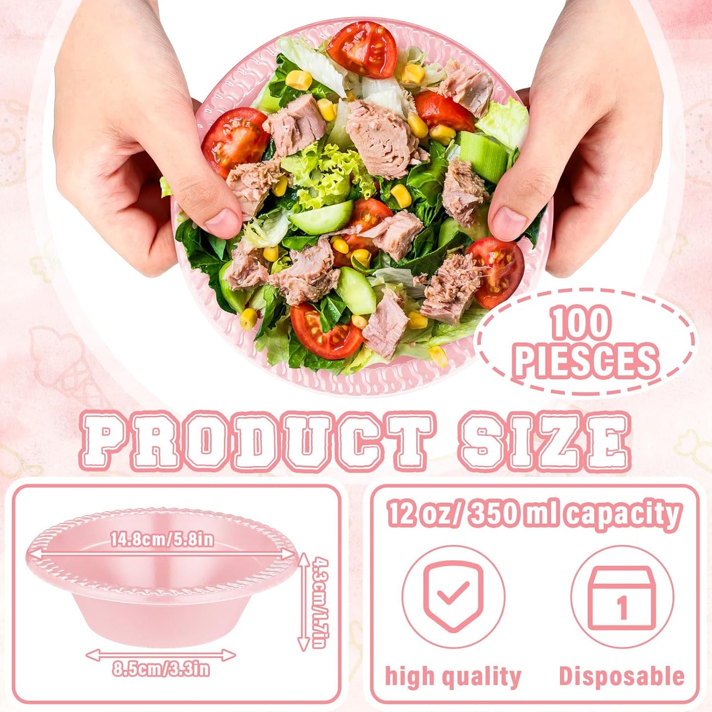 Lallisa 100 Pcs 12oz Pink Disposable Plastic Bowls Dessert Cups Ice Cream Snack Salad Soup Food Serving Bowls for Party Favor Picnic