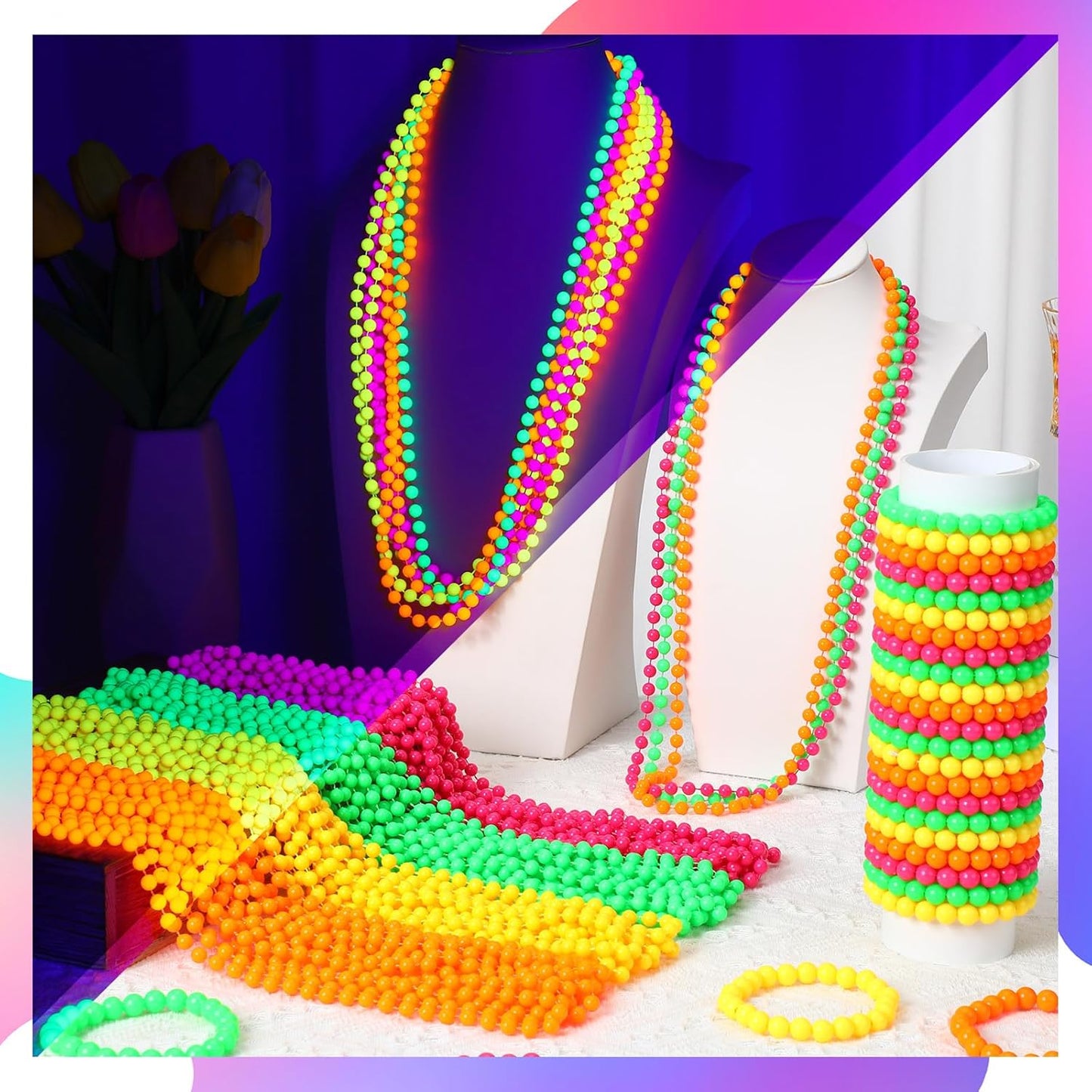 Ecally Neon Bead Necklaces and Bracelets Set Glow in the Dark Party Supplies Colorful Glow Necklaces and Bracelets Bulk for Halloween 80s Party Favors Carnival Concert Neon Night Accessories