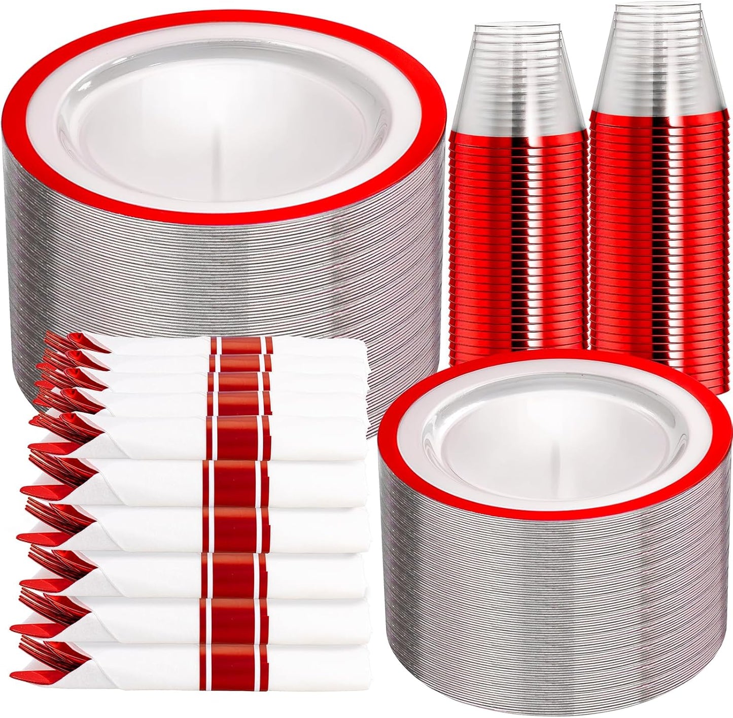 I00000 350 Pcs Red Plastic Plates,Clear Disposable Plate Set, Include 50 Dinner Plates, 50 Dessert Plates,50 Cups,50 Per Rolled Napkins with Plastic Cutlery for Wedding Thanksgiving Christmas Party