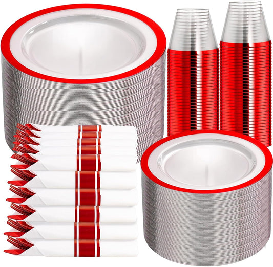 I00000 350 Pcs Red Plastic Plates,Clear Disposable Plate Set, Include 50 Dinner Plates, 50 Dessert Plates,50 Cups,50 Per Rolled Napkins with Plastic Cutlery for Wedding Thanksgiving Christmas Party
