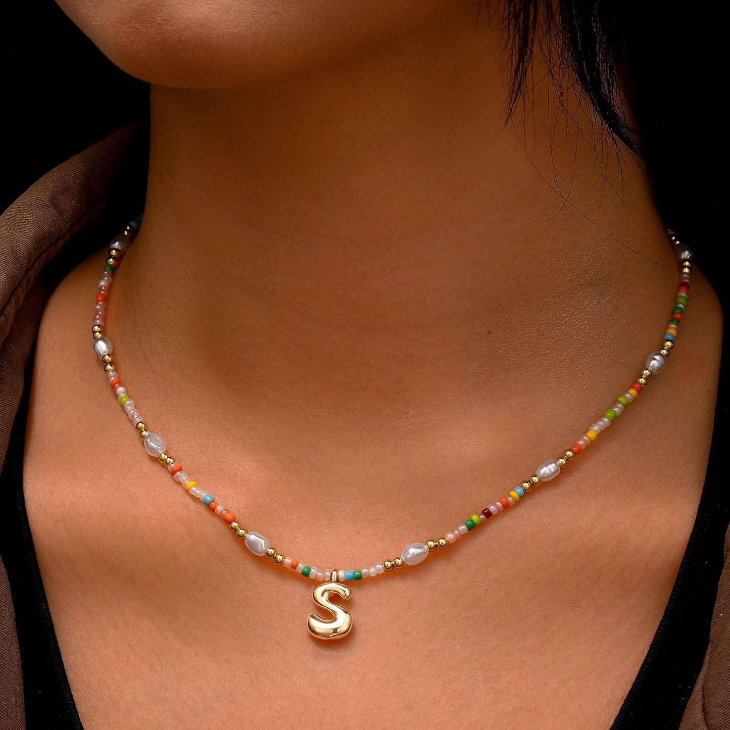 Ritach Initial Necklaces for Women Girls - Christmas Gifts for Grandkids Light Colorful Beaded Pearl Initial Necklace Gold/Silver Bubble Pendant Letter Necklace Stocking Stuffers for Teen Girls Women
