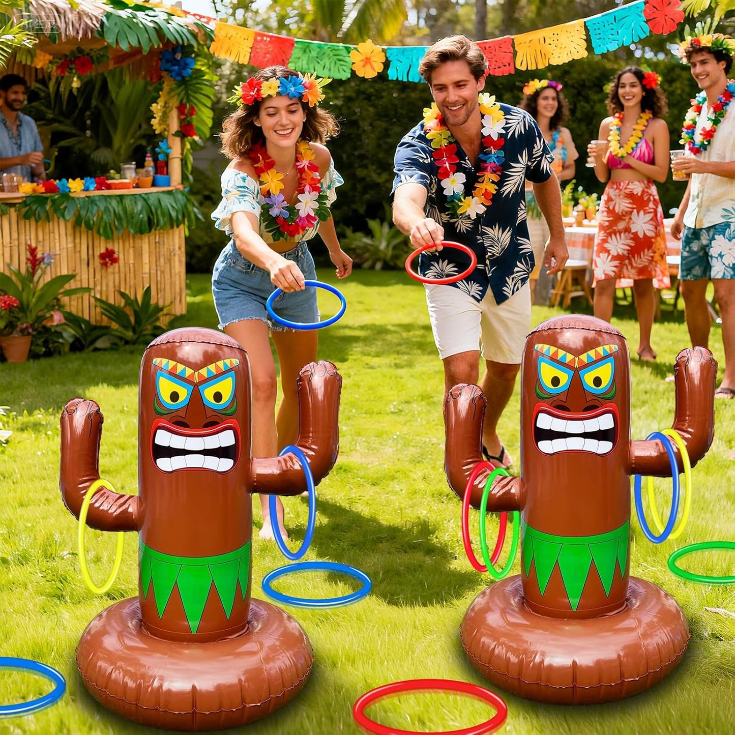 25" Inflatable Luau Tiki Pool Toss Games, Tiki Pool Ring Toss Toys with 4 Rings for Adults Indoor Outdoor Tropical Summer Swimming Inflatable Bean Bags Toss Hawaiian Luau Party Supplies
