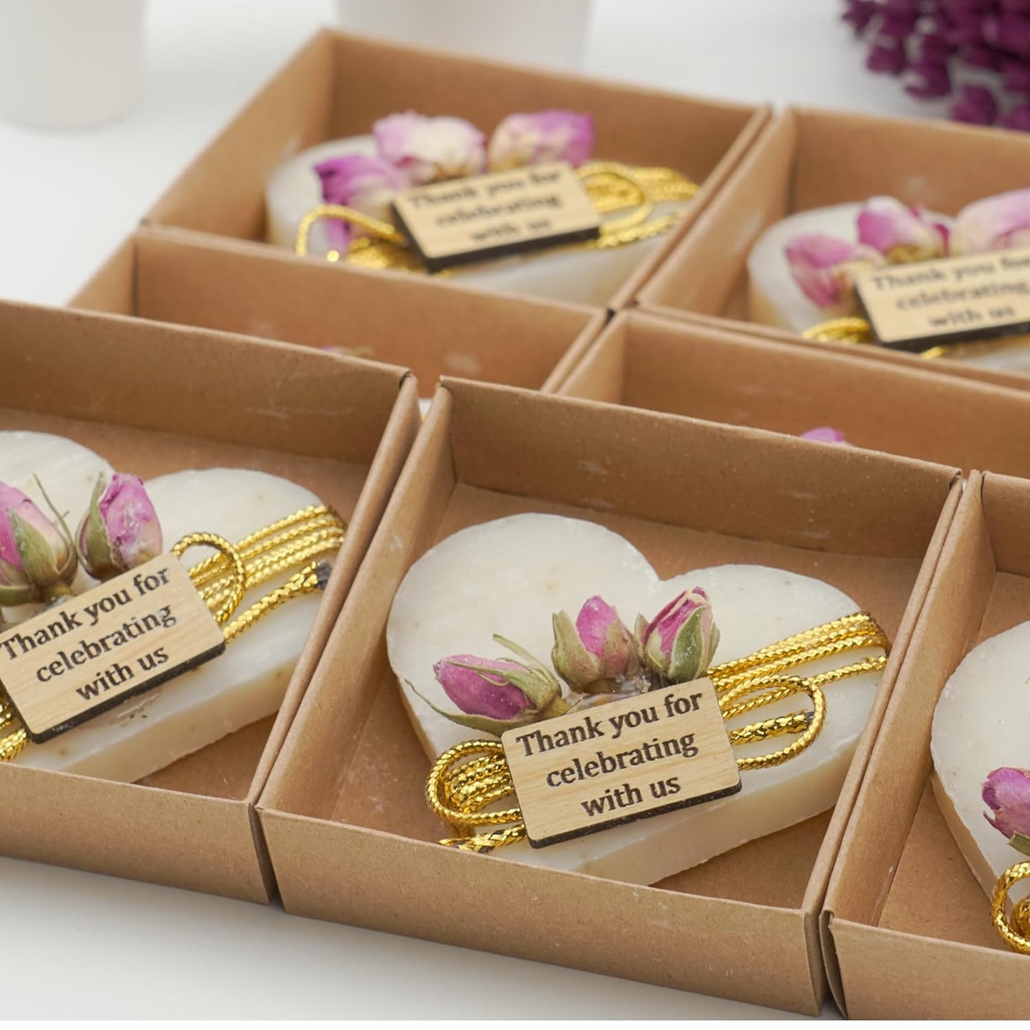 Heart Shaped Soaps 12-Pack, Handmade Scented Mini Soaps for Bridal Shower Party Favors, Wedding, Baby Shower & Engagement Gifts for Guests, Thanks You for Celebrating with Us Wooden Tag