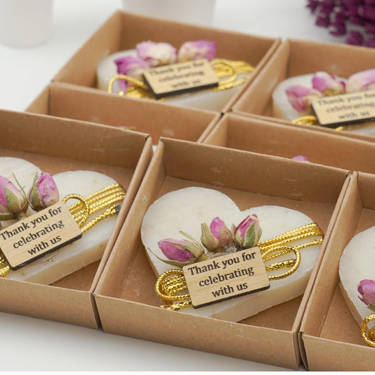 Heart Shaped Soaps 12-Pack, Handmade Scented Mini Soaps for Bridal Shower Party Favors, Wedding, Baby Shower & Engagement Gifts for Guests, Thanks You for Celebrating with Us Wooden Tag