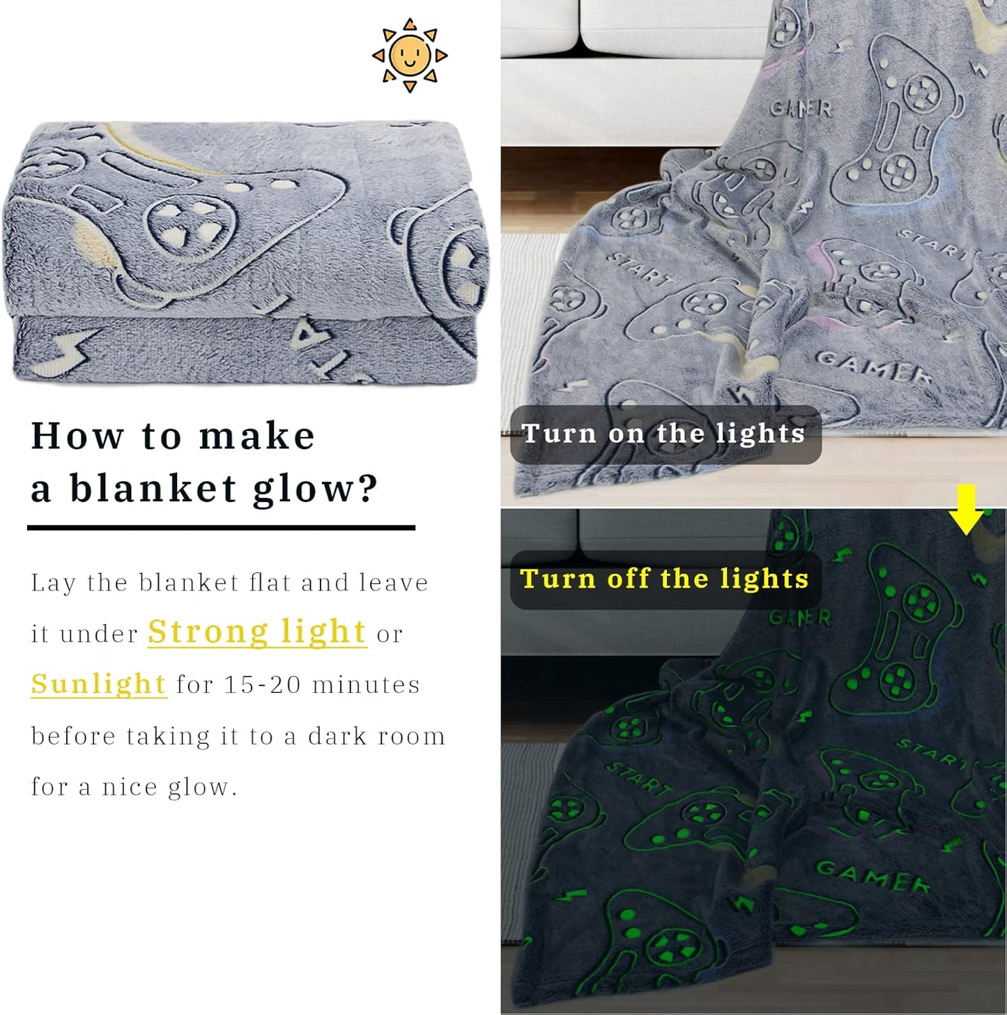 Glow in The Dark Blanket Game Controller Throw Blanket, Gamer Gifts Toys for Kids Boyfriend, Boys Teen Soft Cozy Gaming Blanket Gamer Gifts Game Decor Blankets for Home Bedroom 50"x60"
