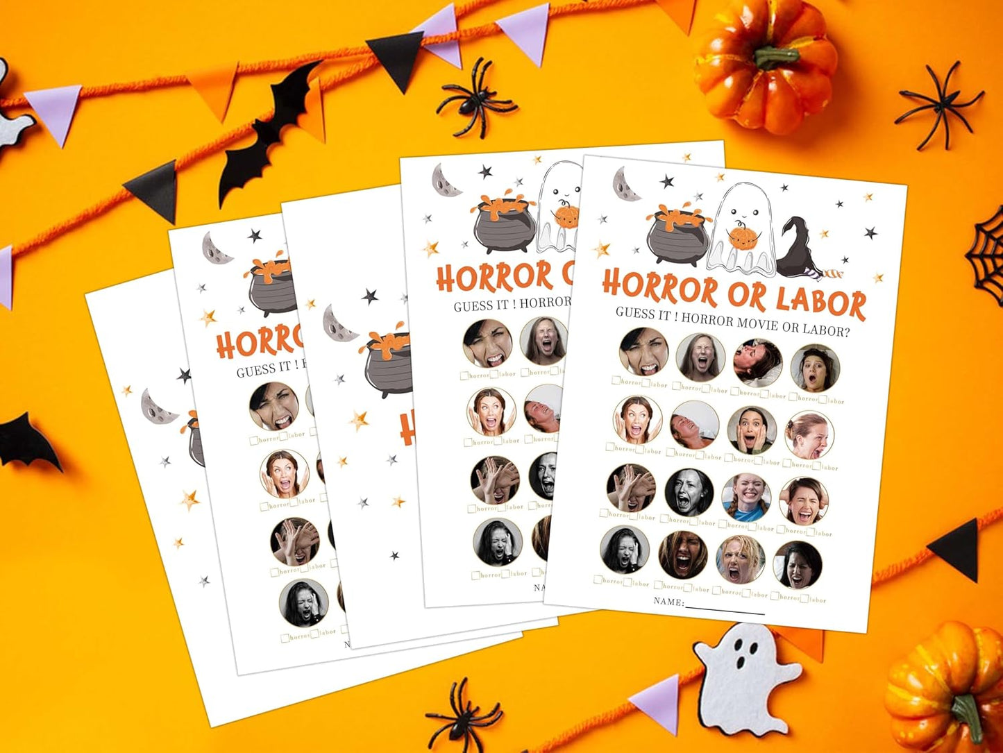 Labor or Horror Halloween Baby Shower Game, 30 Halloween Gender Reveal Games for Guests (Included Answer Card) 5x7 inch, Perfect for Neutral Gender Reveal Decorations Party Favors Supplies