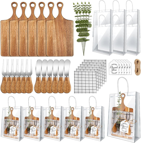 43 Pcs Baby Shower Prizes for Game Player 6 Sets Baby Shower Game Prizes Wedding Bridal Favors for Winners with Acacia Cheese Board Oak Knife and Fork Placements Artificial Eucalyptus Stems Tags Bags