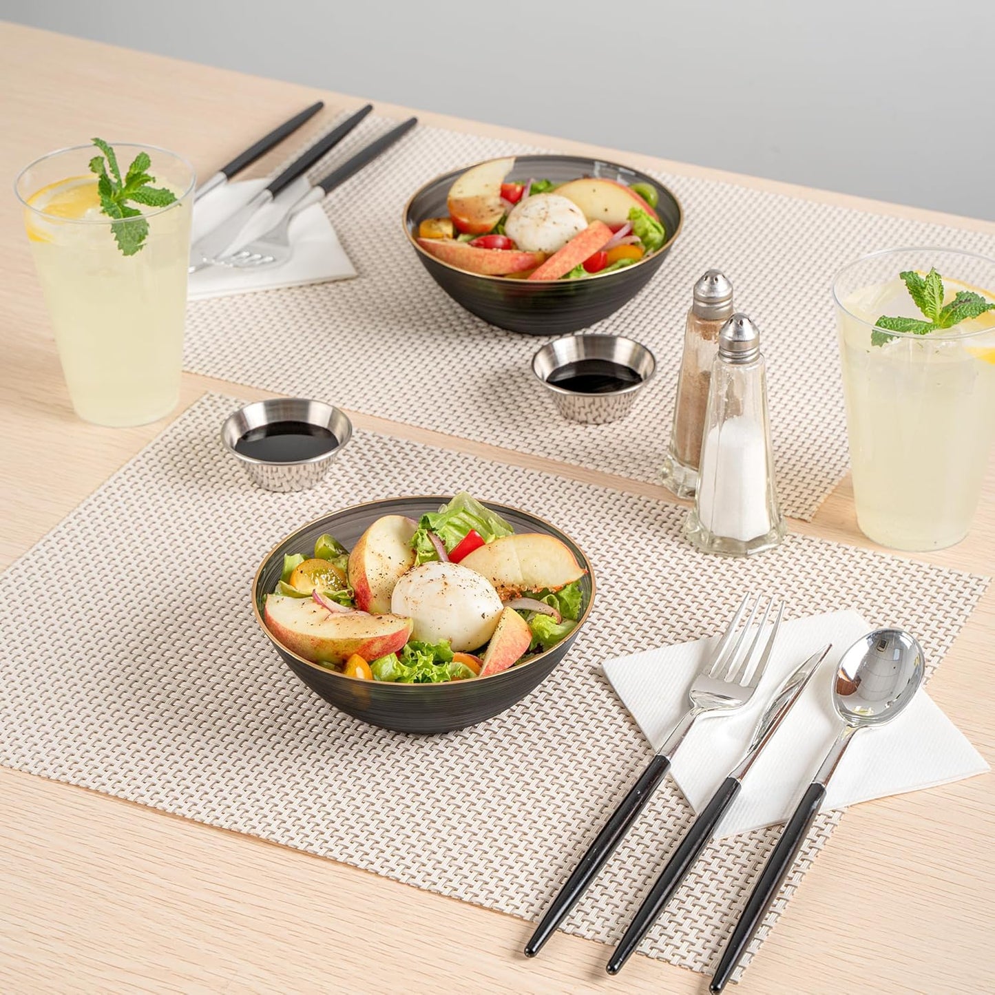 Restaurantware Plastic Bowls 20 Pcs 16 oz Gold Rimmed Disposable Soup Bowls Heavy-Duty Black Translucent Rippled Dinnerware Containers for Party, Desserts, Salads, Snacks, and Catering