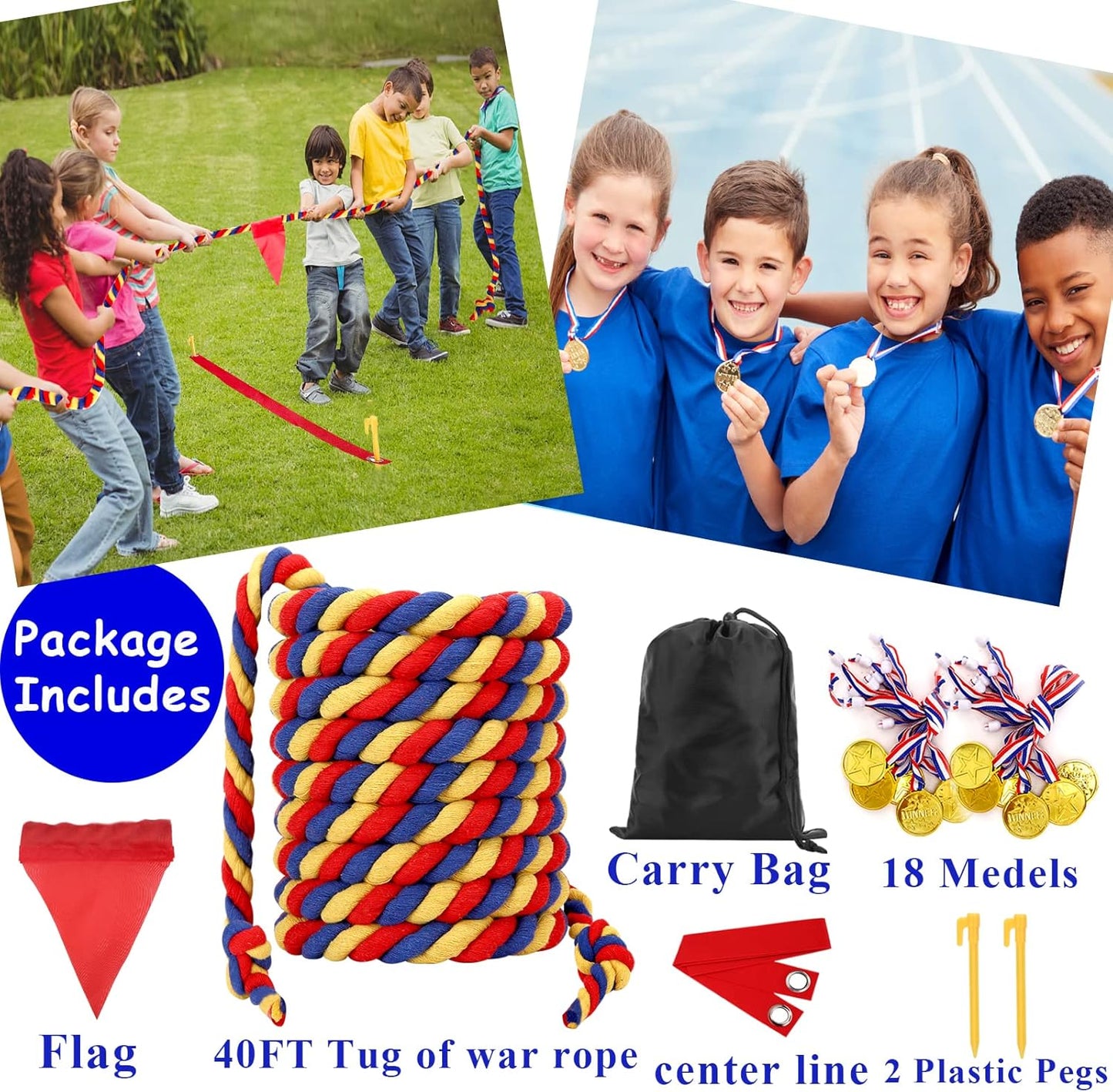 Outdoor Yard Games 40FT Tug of War Rope for Kids Adult, Field Day Family Reunion Birthday Party Games, Halloween Carnival Easter Outside Lawn Yard Fun Games for Team Building Activities, Tricolor