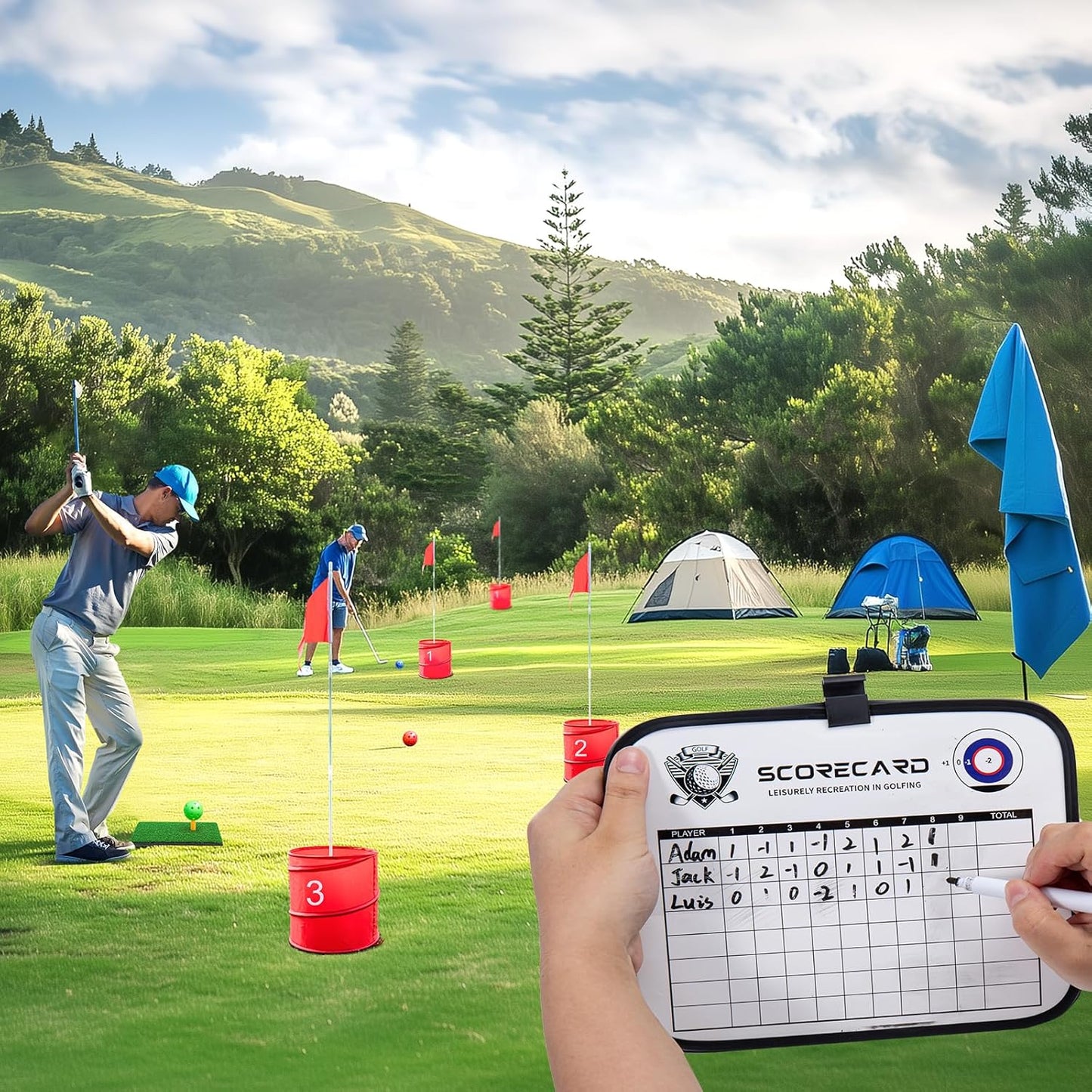 Golf Bucket Yard Game, Backyard Golf Game for Adults Kids, Portable 3 Hole Golf Course for Outdoor, Lawn, Park, Beach, Yard, Field Day, Family Reunion, Party Chipping Games