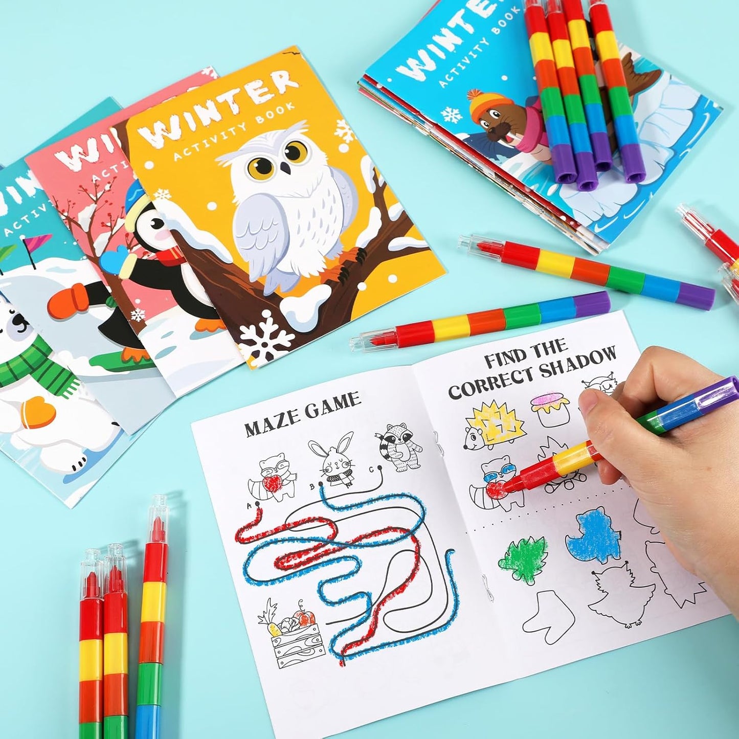 BenLouis 24 Winter Mini Activity Books with 24 Crayons for Kids ages 4-8-16 Holidays Party Favors Bulk Different Brain Game for Classroom Travel Craft Activities Penguins Goodie Bag Gift Stuffer