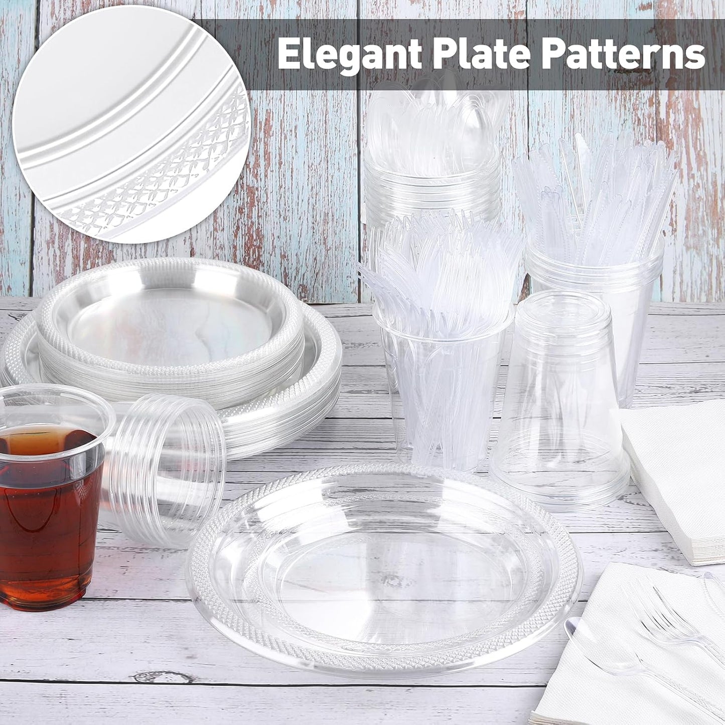 Aodaer 400 Pieces Clear Party Supplies Disposable Dinnerware Set Include Plastic Plates Cups Knives Forks Spoons Paper Napkins for Birthday Wedding Graduation Parties, Serve 50 Guests