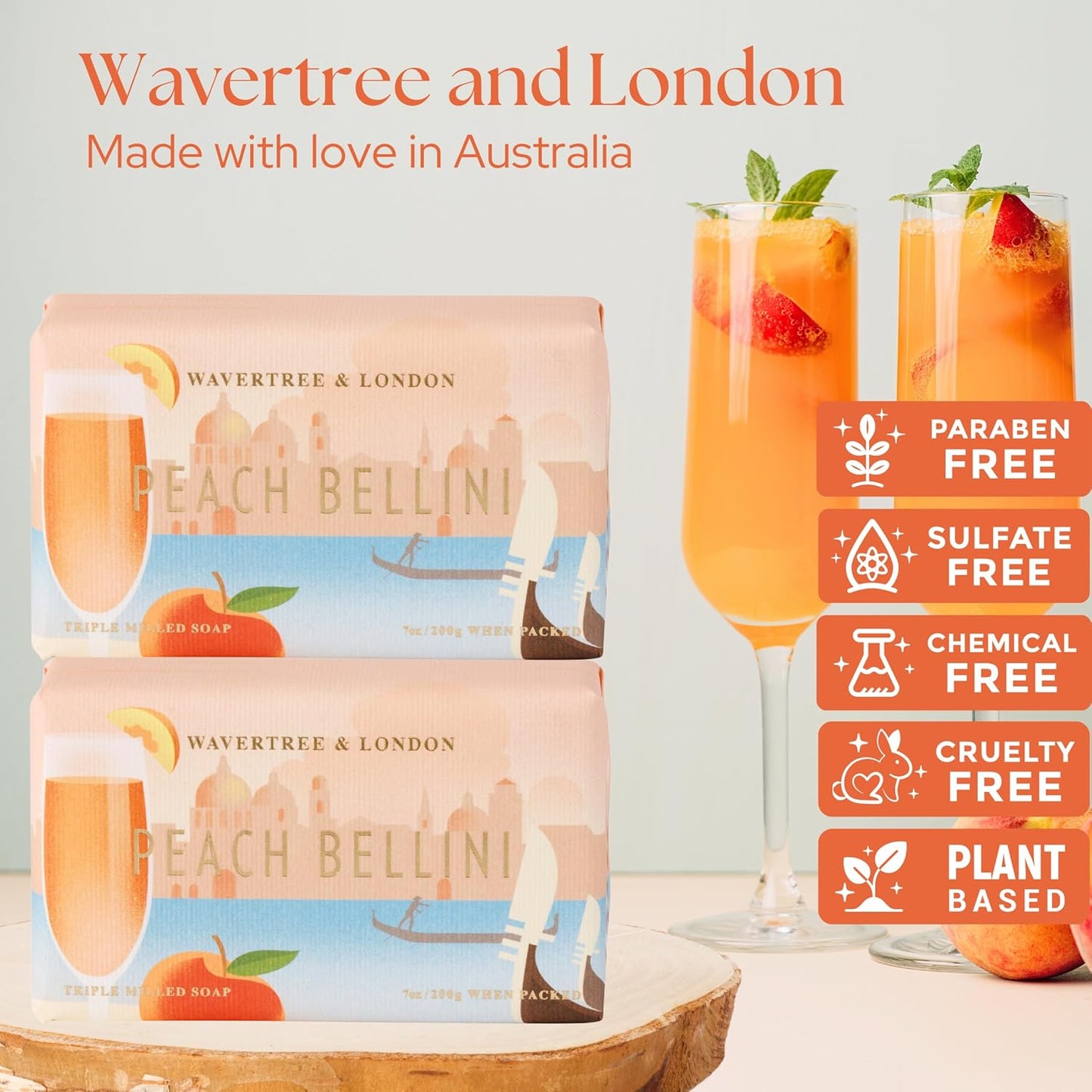 Wavertree & London Peach Bellini Scented Natural Soap (2 Bars), 7oz Moisturizing French Triple Milled Soap Bars enriched with shea butter - Pure Plant Based Bath & Body Bars for All Skin Types