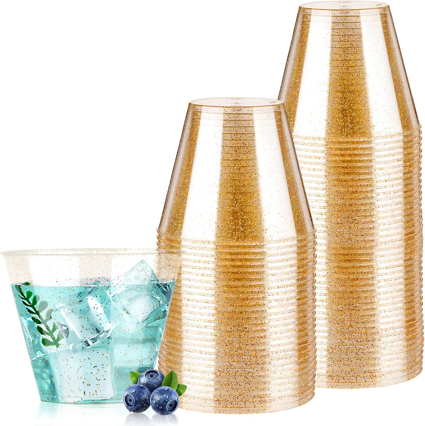 50PCS 9oz Glitter Plastic Cups for Party, Disposable Gold Cups, Plastic Cocktail Glasses for Wedding Thanksgiving, Christmas, and Parties
