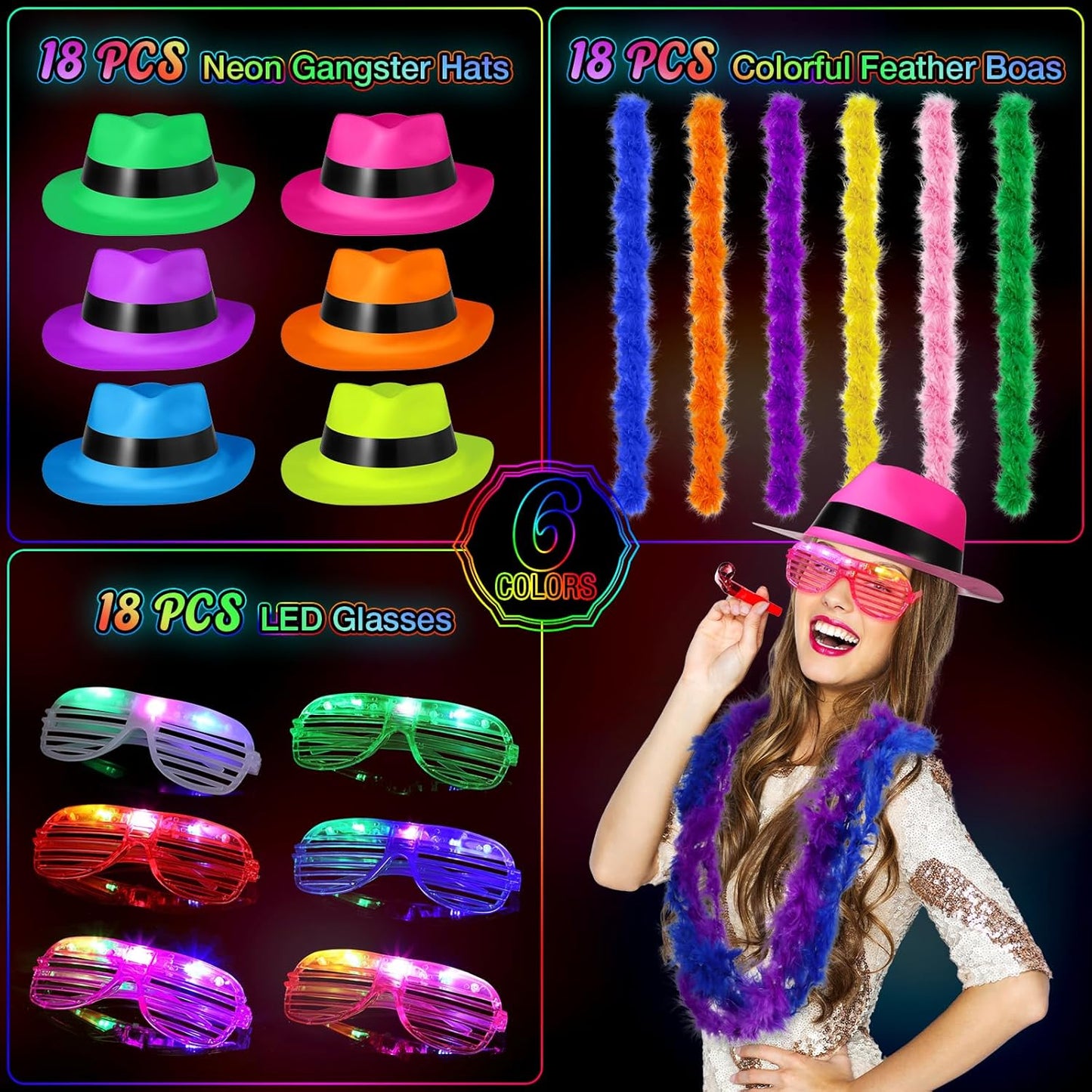 54 Pieces Neon Party Supplies Glow in The Dark Parties Supplies 18 Pcs Neon Gangster Party Hats 18 Pcs Light up Glasses with Colorful Feather Boas for Halloween 80's Raves Carnival Hora Loca Parties