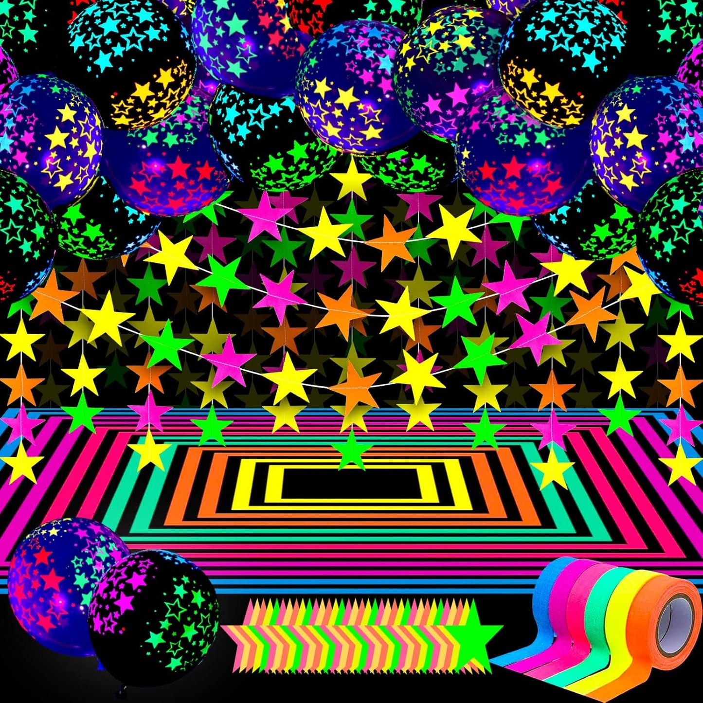 32 Pcs Glow in The Dark Party Supplies Christmas Neon Party Favors with 25 Fluorescent Balloon 6 Rolls 98.4 ft UV Blacklight Luminous Tape 14.4 ft Neon Streamer Garland for Adults(Bright Star)