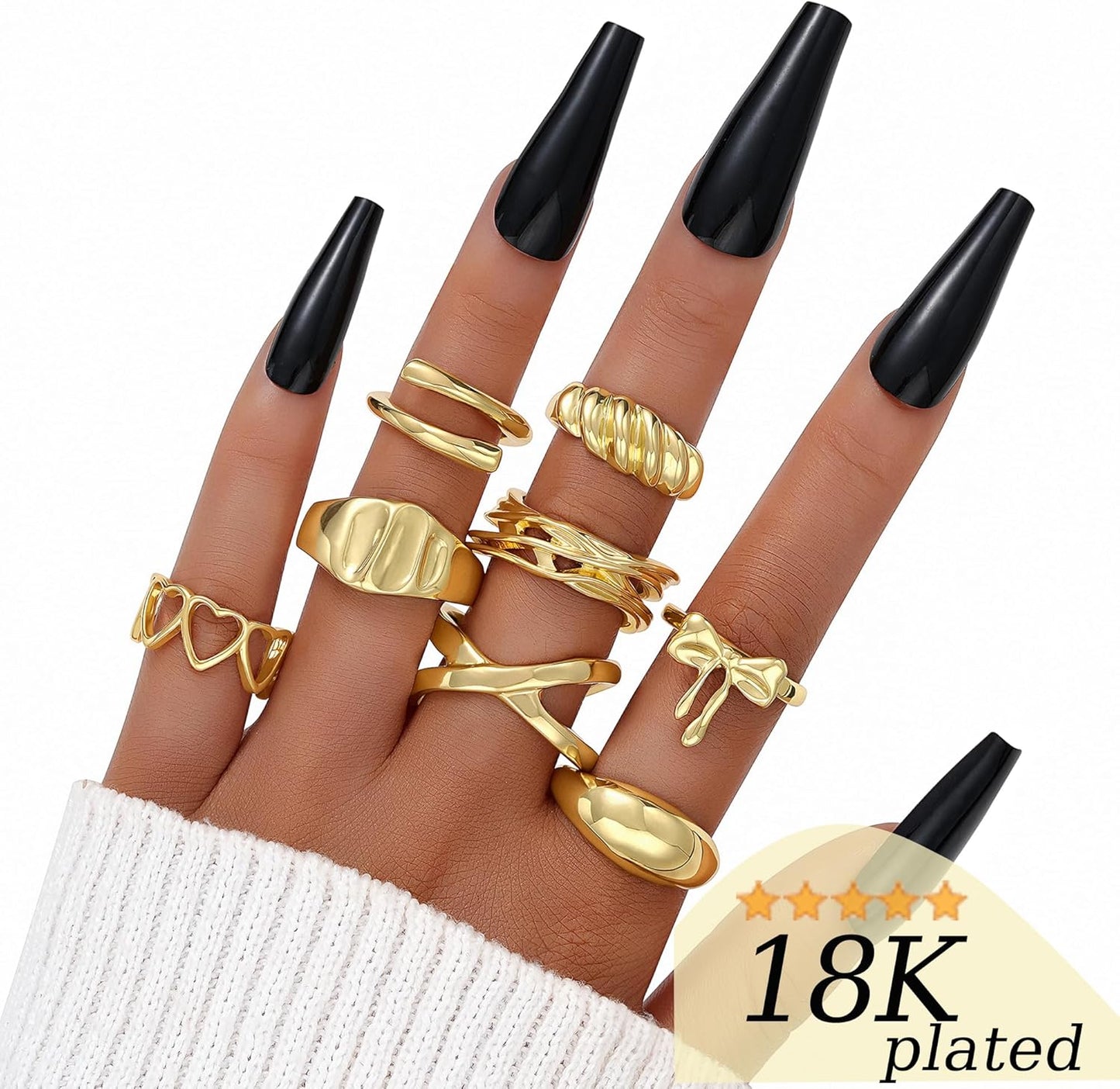 FAXHION 12PCS Gold Stackable Rings Set for Women, 18K Gold Plated Open Stacking Knuckle Ring, Adjustable Chunky Signet Band Statement Ring for Gift