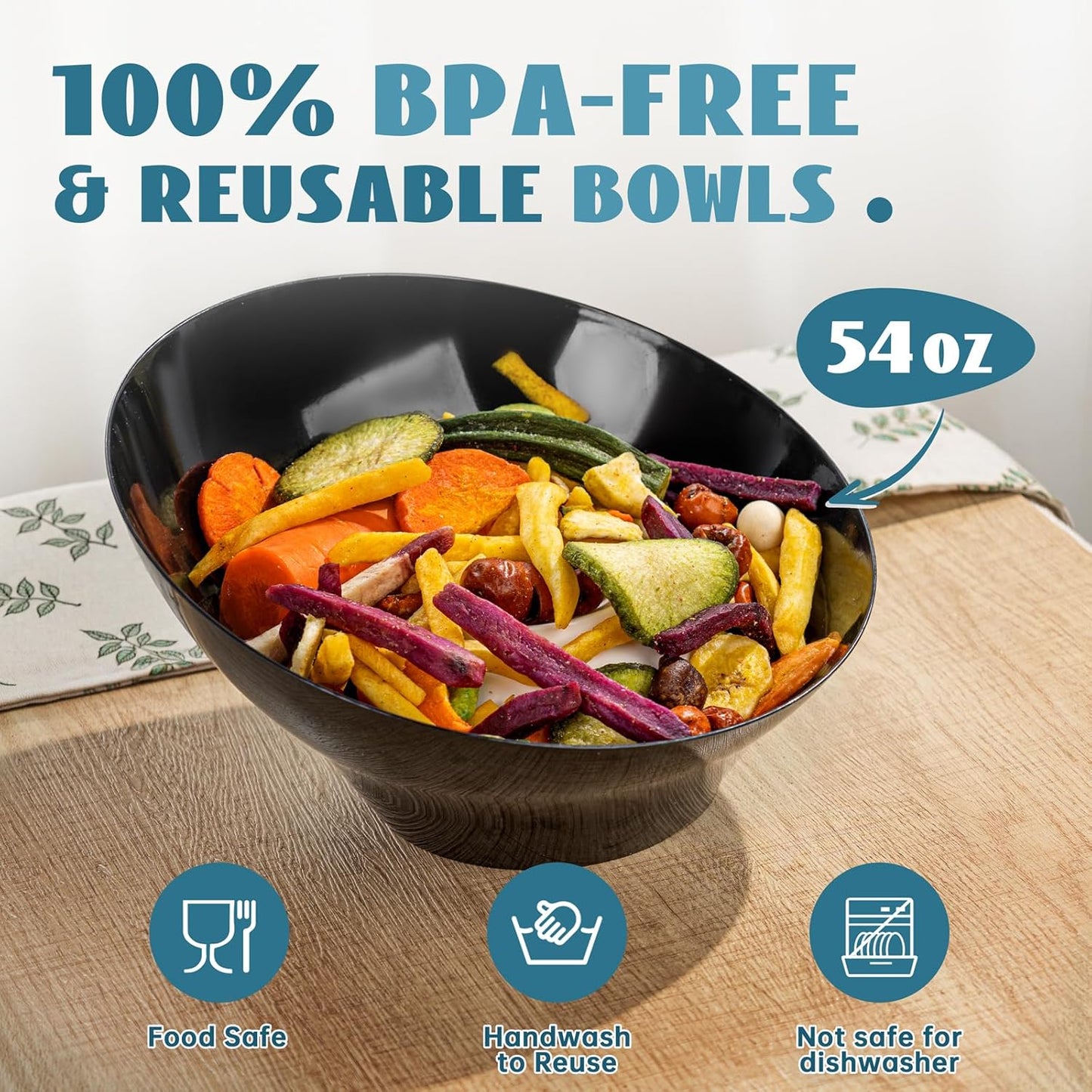 Liacere 16PCS Black Plastic Bowls - 54 OZ Angled Serving Bowls Disposable for Chip - Candy Party Table Salad and Fruit for Party & Wedding & New Year