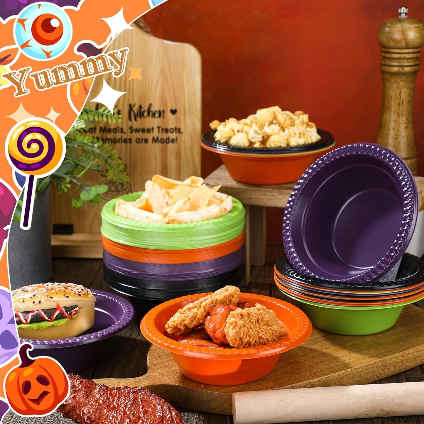 Layhit 100 Pcs Halloween Christmas Disposable Plastic Bowls 12 oz Soup Dessert Salad Bowl Candy Snack Plate Serving Supplies for Holiday Thanksgiving Fall Wedding Party Picnic