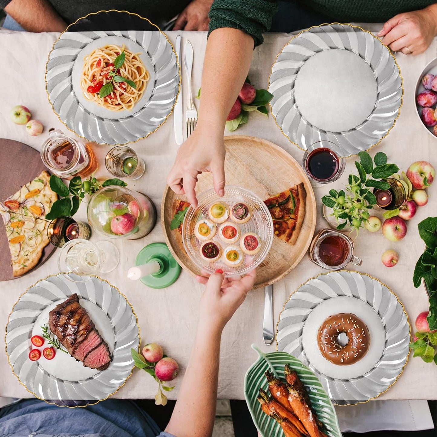 YOUBET 125PCS Clear Black Plastic Plates - Black and Gold Disposable Plates Include 50 Plate, 75 Silverware for Wedding & Party & Birthday