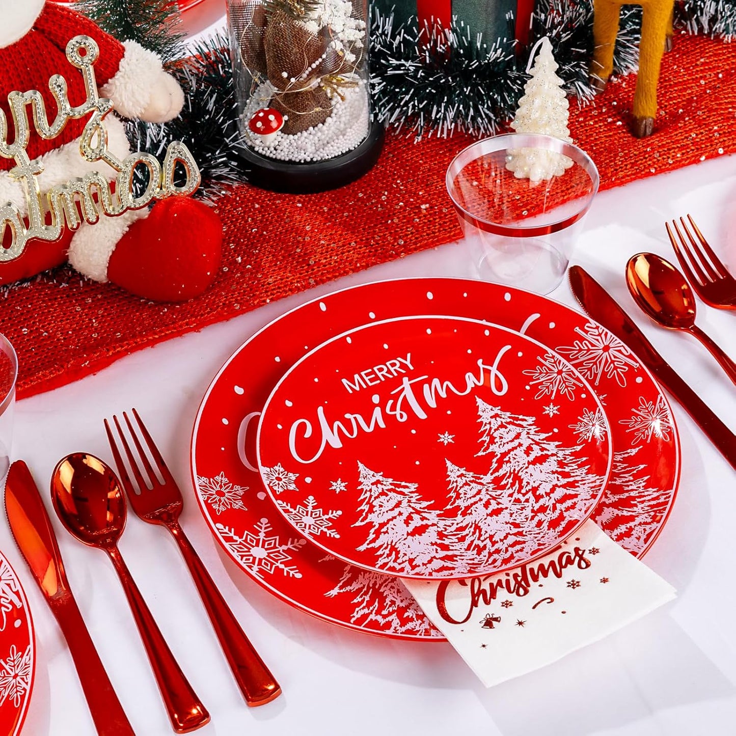 I00000 210Pcs Christmas Plastic Plates - Red Disposable Plates with Red Plastic Silverware Include 60 Plates, 30 Forks, 30 Knives, 30 Spoons, 30 Cups, 30 Napkins for Xmas Party