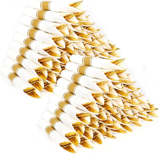 100 Pack Pre Rolled Gold Plastic Silverware Set,Wrapped Plastic Cutlery Set with Napkin Include 100 Forks,100 Spoons,100 Knives and 100 White Napkins for Party, Wedding,showers