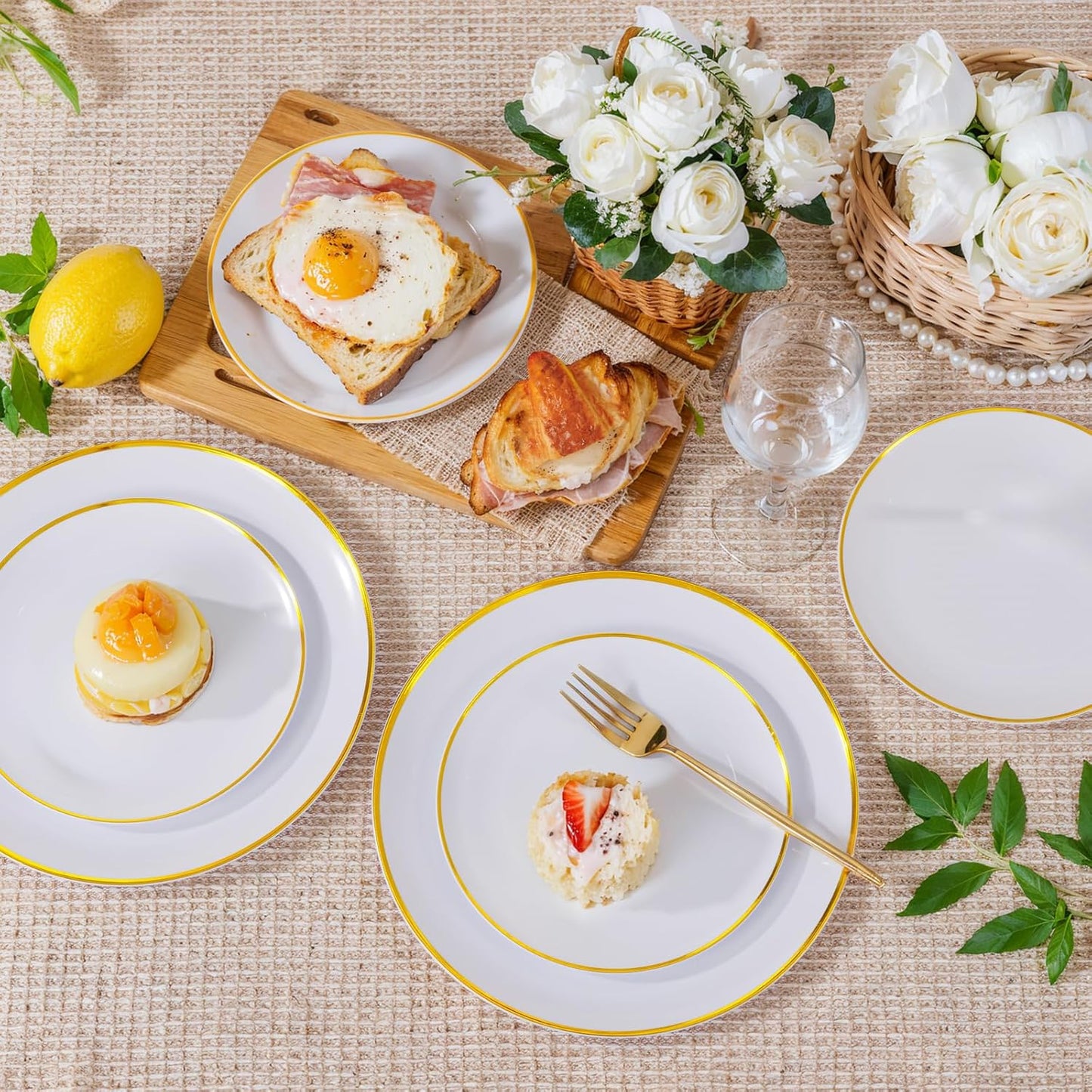 LIYH 120 Pcs White and Gold Plastic Plates for Party Disposable Plates - White with Gold Rim for Wedding/Tea Party- Includes 10.25 Inch Dinner and 7.5 Inch Dessert/Salad Plate 60 Guests