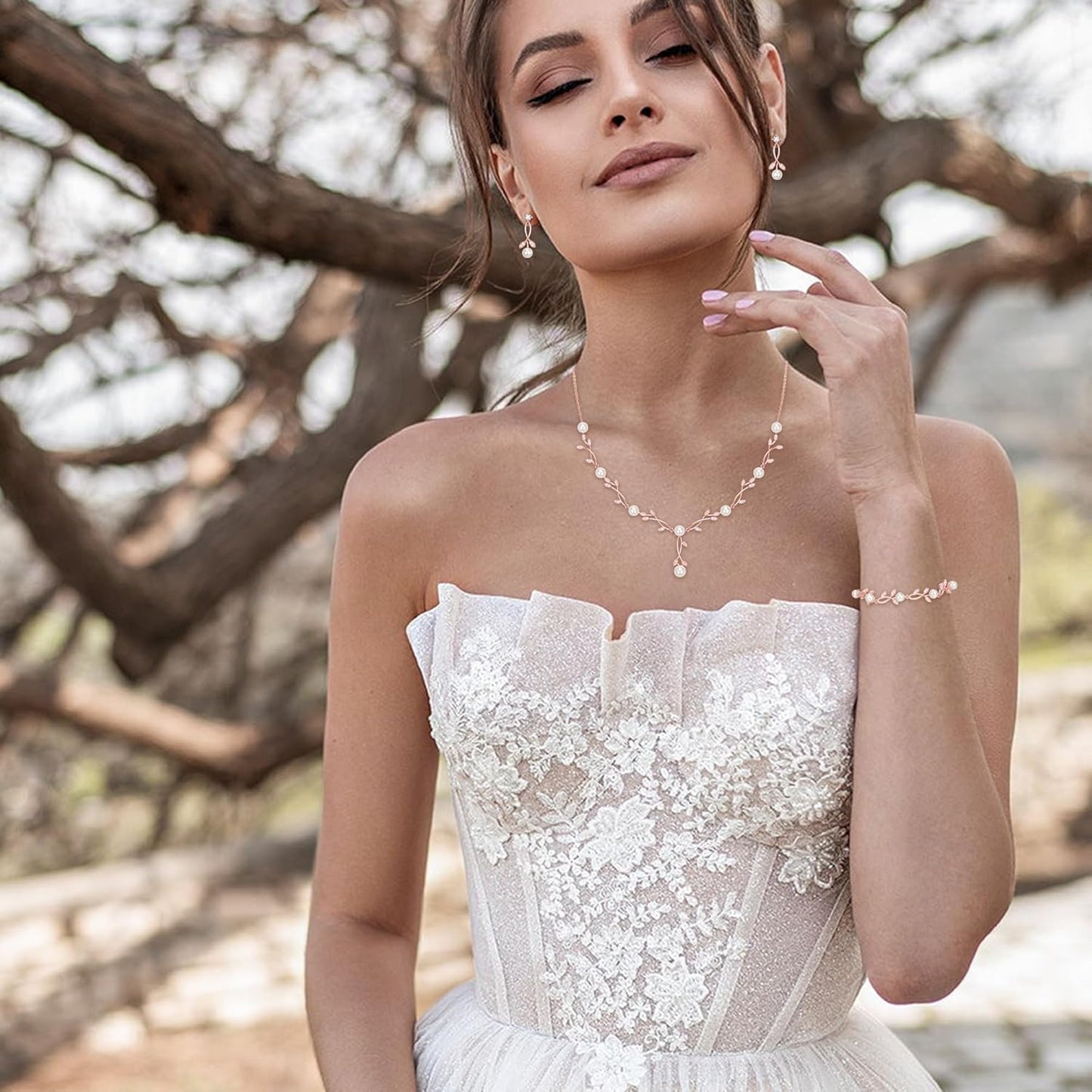 EVER FAITH Bridal Cubic Zirconia Jewelry Sets for Women, White Simulated Pearl Leaf Vine Pendant Wedding Party Necklace Earrings Set for Bridesmaid Bride