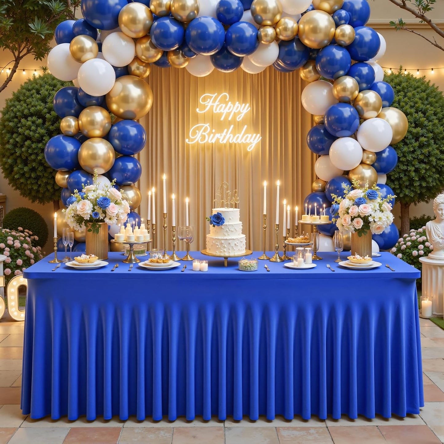 1 Pack Royal Blue Table Clothes for 8 Foot Rectangle Tables, One-Piece Wrinkle Resistant Stretch Spandex Table Covers with Skirt for Event Banquet Wedding Birthday Party