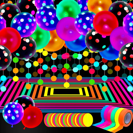 32 Pcs Glow in The Dark Party Supplies Christmas Neon Party Favors with 25 Fluorescent Balloon 6 Rolls 98.4 ft UV Blacklight Luminous Tape 14.4 ft Neon Streamer Garland for Adults(Classic Big Dot)