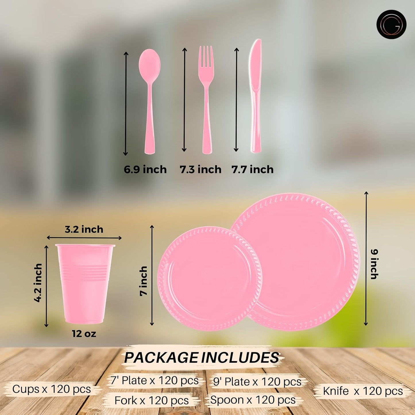 Grandipity 720 Piece Pink Disposable Dinnerware Set, Plastic Dinnerware Set Includes 120 Count 9' Dinner Plates, 7' Dessert Plates, 12oz Cups, Forks, Knives & Spoons