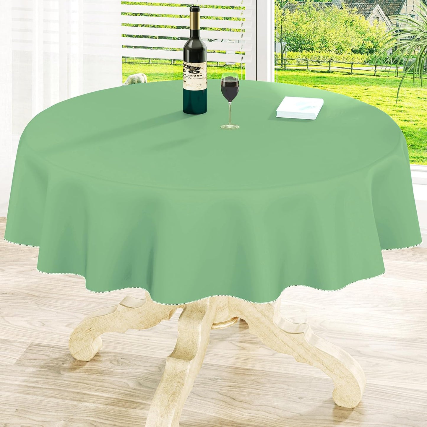 homing Round Vinyl Tablecloth, Waterproof Spillproof Plastic Flannel Backed Table Cloth, Wipe Clean Table Cover for Dining, Buffet Parties and Camping (Sage Green, 60")