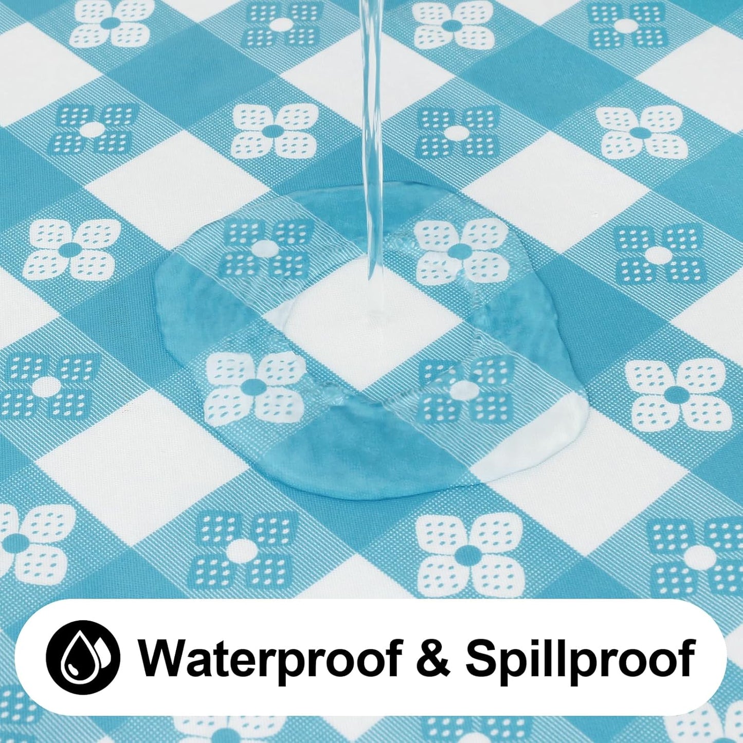 Rectangle Vinyl Table Cloth, Waterproof Elastic Fitted Tablecloth with Flannel Backing, Plastic Table Cover for Picnic, Camping, Outdoor (White & Aqua, 30"x48")