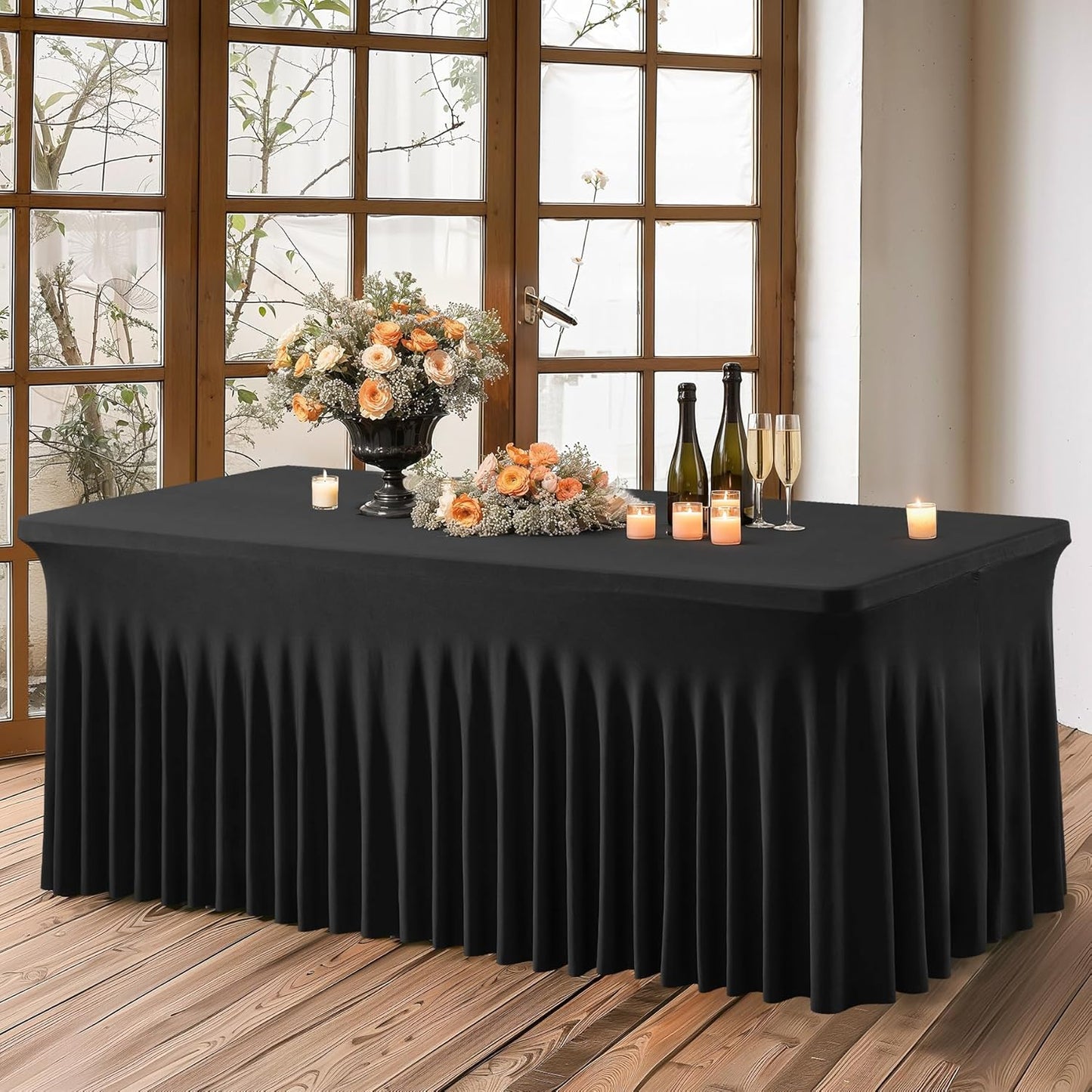 PARTISKY Black Spandex Tablecloth for 4ft Rectangle Tables, Stretchable Table Cover Skirt for Folding Tables Weddings Parties Banquets Events Trade Shows and Dessert Table